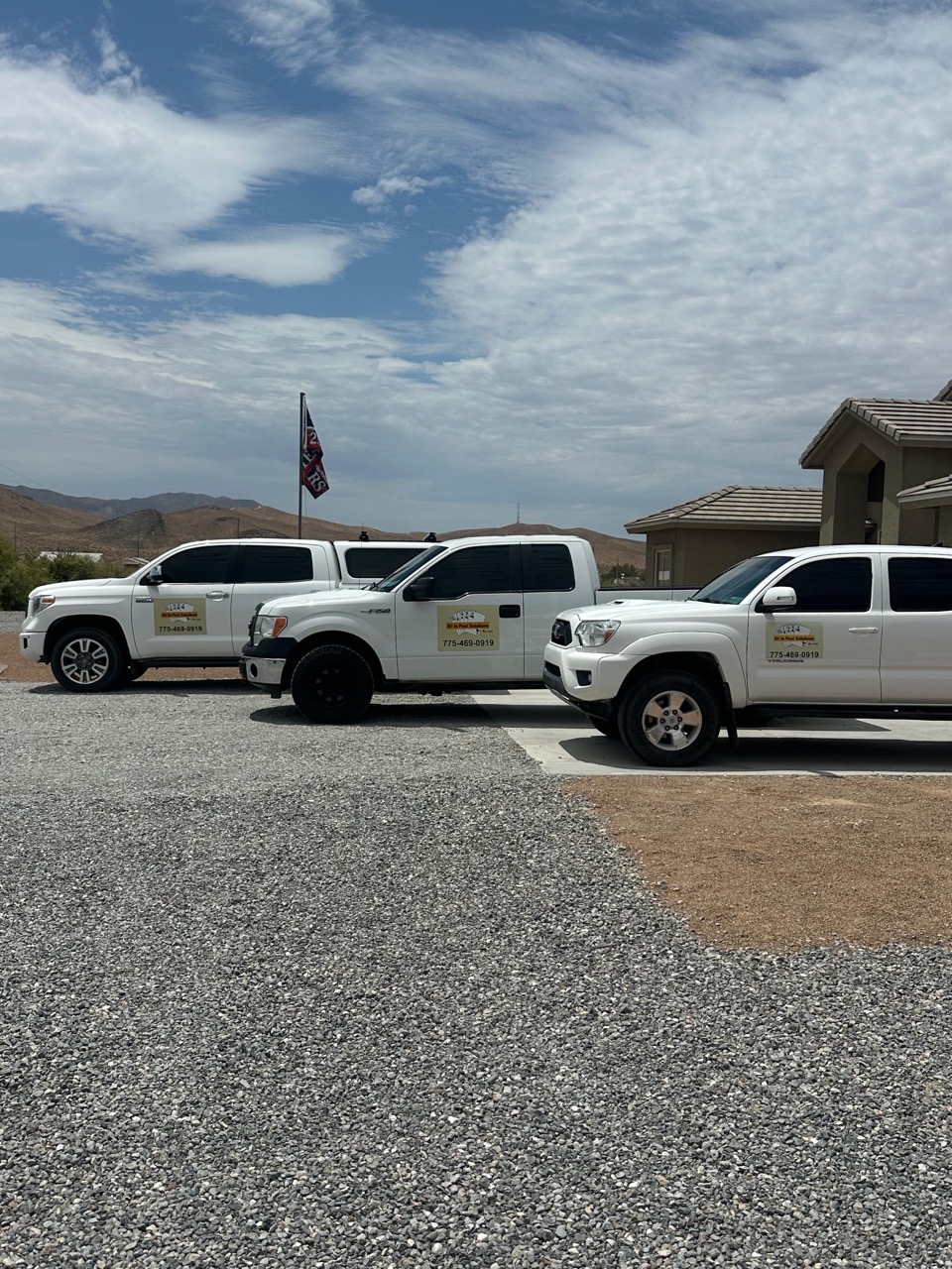 All In Pest Solutions service trucks lined up at a job serving the Las Vegas valley