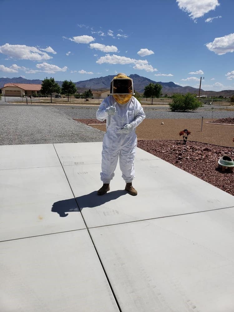 An All In Pest Solutions technician in protective gear on a rural property in Nye County